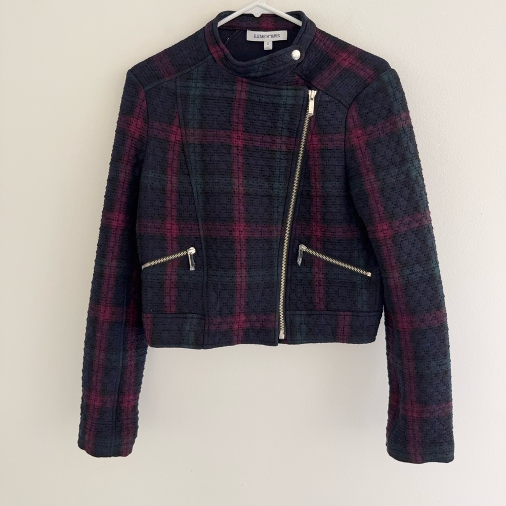 Elizabeth and James Textured Plaid Cropped Moto Jacket Small